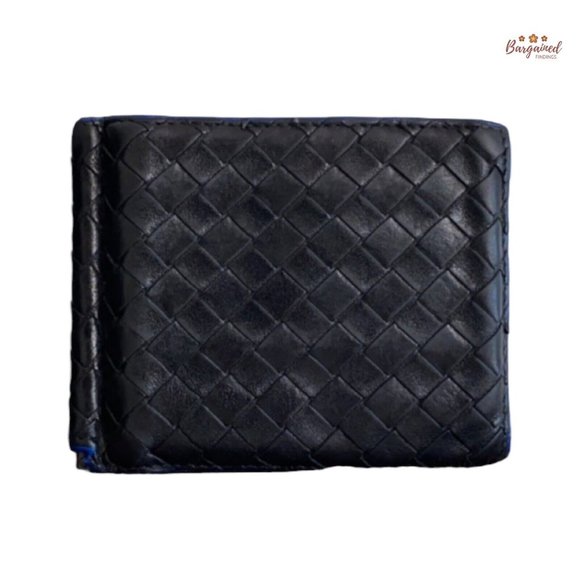 Authentic Bottega Veneta Black/Blue Intrecciato Leather Money Clip Bifold Wallet